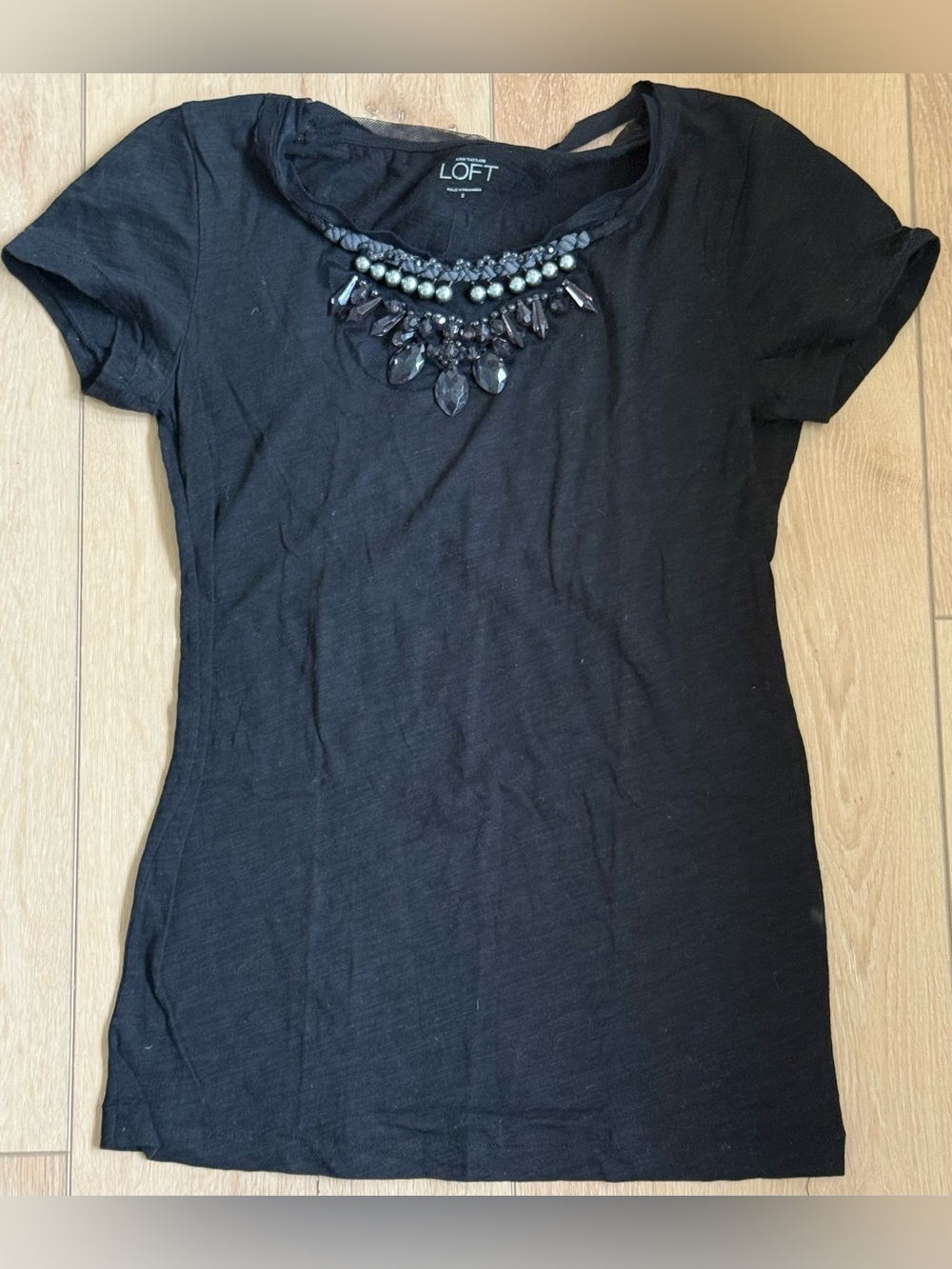 LOFT Black Short Sleeve Tee with Jeweled Necklace Detail